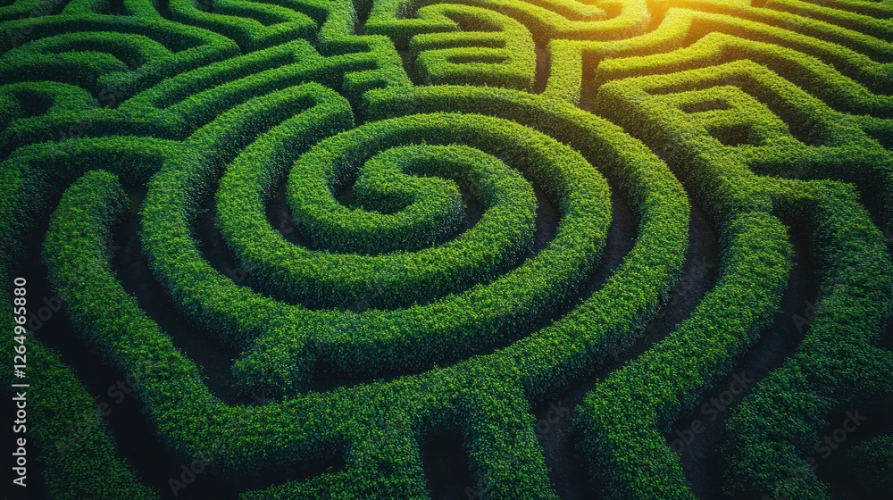 Green hedge maze, sunlight, aerial view, puzzle, garden