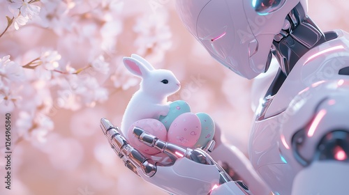 A futuristic robot gently holding a plush Easter bunny, combining technology with Easter themes. Perfect for creative Easter promotions, tech advertisements, and holiday-themed marketing photo