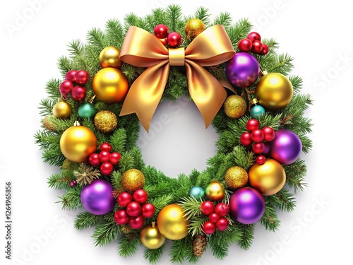 Christmas Wreath PNG with Gold Ribbon and White Background