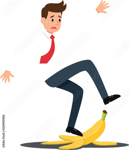 Man slipping on banana peel in flat style vector illustration with humorous expression and vibrant colors