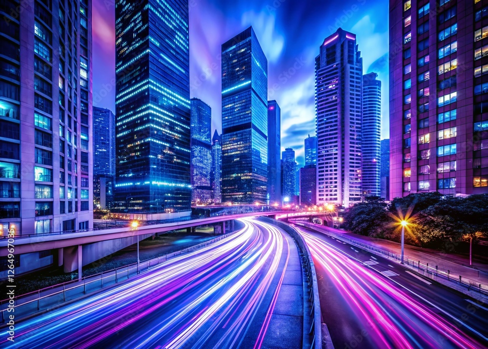 Fototapeta premium Long Exposure City Lights, Urban Night Scene, Glowing Metropolis, Blurred Traffic, Night Photography