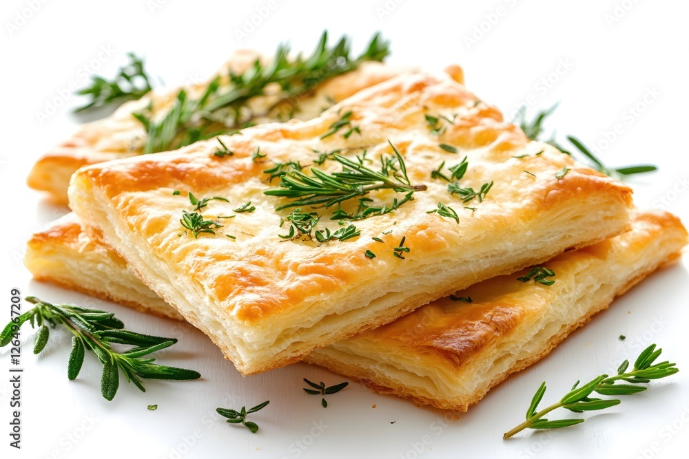 Golden Puff Pastry Stacked High with Fresh Rosemary and Thyme on Bright White Surface Golden Puff Pastry Stacked High with Fresh Rosemary and Thyme on Bright White Surface