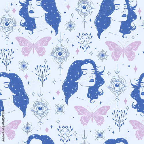Seamless vector pattern with women, eyes, and butterflies. Pastel color witchy mystical background.