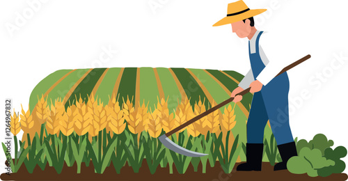 Farmer harvesting crops with a scythe in a flat and colorful vector illustration