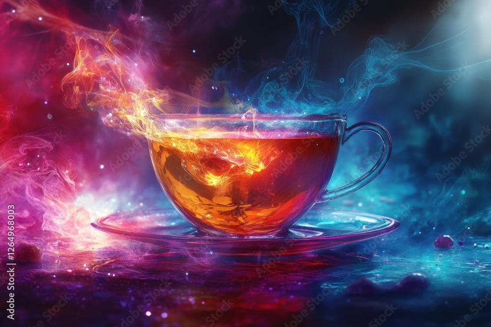 A cup of tea with a flower design on it is sitting on a table A cup of tea with a flower design on it is sitting on a table