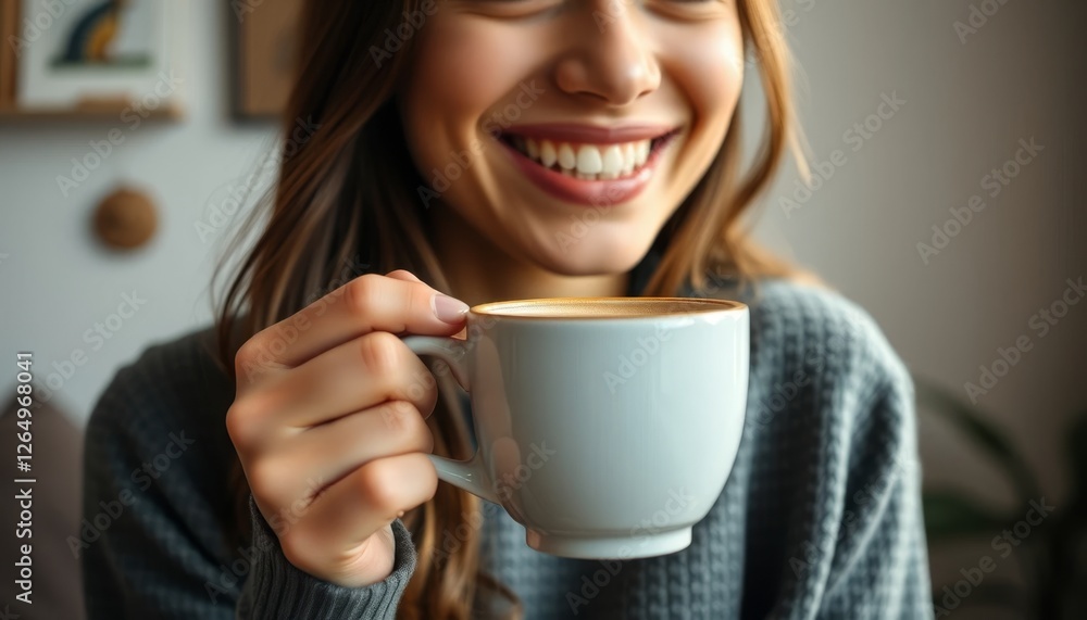 Happy Woman Enjoying a Warm Mug of Coffee Happy Woman Enjoying a Warm Mug of Coffee