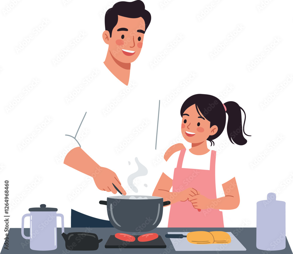 Cooking with family in a flat design style showcasing joy, interaction, and learning in vector illustration Cooking with family in a flat design style showcasing joy, interaction, and learning in vector illustration