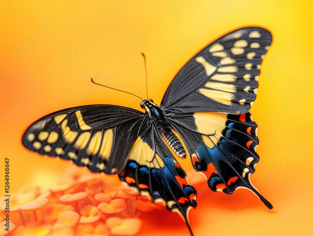 Obraz premium Elegant Swallowtail Butterfly Resting on Vibrant Orange Flowers in a Warm Light Setting