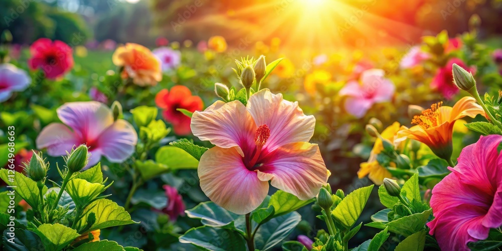 Fototapeta premium Panoramic view captures a breathtaking hibiscus bloom, showcasing vibrant tropical beauty.