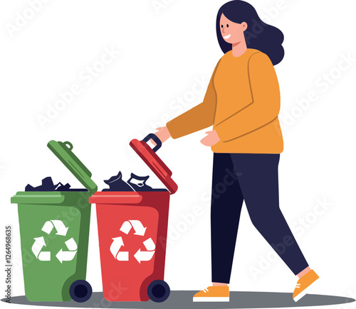 Woman sorting waste between recycling bins in flat, colorful, minimal vector illustration