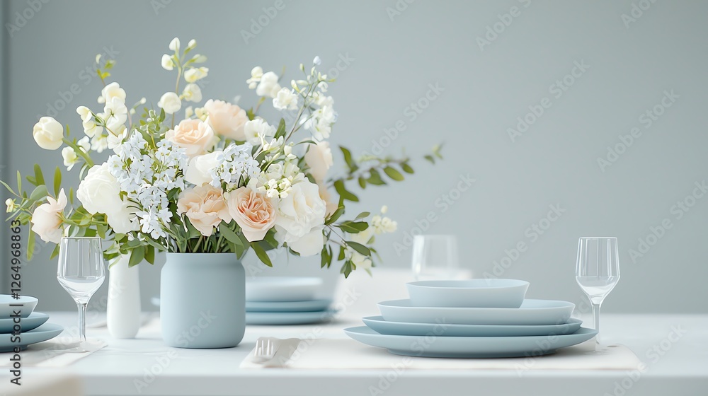 Elegant table setting with pastel floral centerpiece and fine dinnerware on soft blue background. Elegant table setting with pastel floral centerpiece and fine dinnerware on soft blue background.