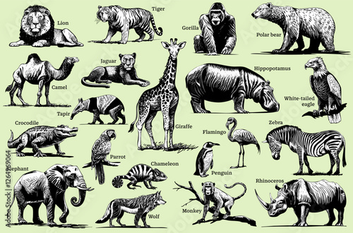 Various Animals in Detailed Engravings and Illustrations