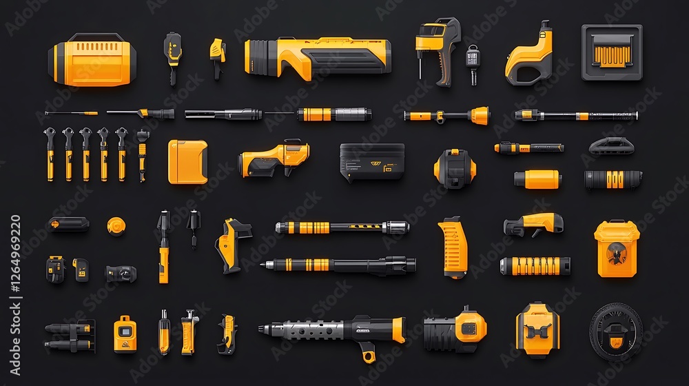 Sleek Yellow and Black Power Tools: A 3D Rendered Collection AI Generated Sleek Yellow and Black Power Tools: A 3D Rendered Collection AI Generated