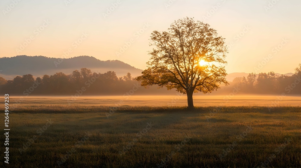 Obraz premium Solitary Tree in Misty Field at Sunrise