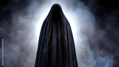 A dark, cloaked figure shrouded in mist, creating an eerie and mysterious atmosphere.