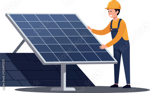 Worker adjusting solar panel with minimal style showcasing renewable energy in vector art