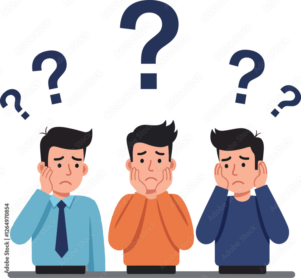 Three confused men in flat design style pondering questions in vector illustration Three confused men in flat design style pondering questions in vector illustration