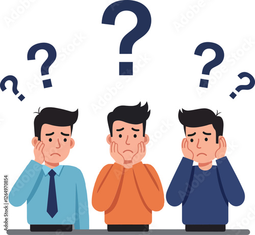 Three confused men in flat design style pondering questions in vector illustration