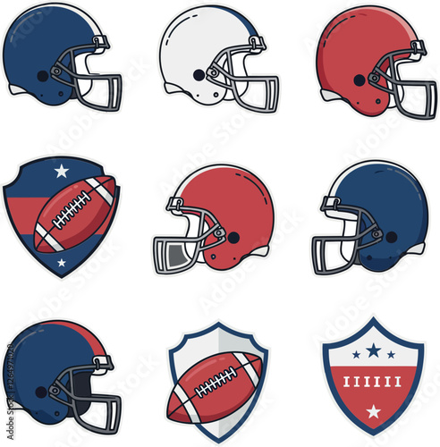 Football helmets and shields in flat design showcasing team colors and logos in vector art
