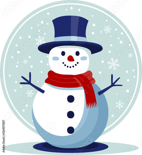 Cheerful Snowman with Hat and Scarf in Winter