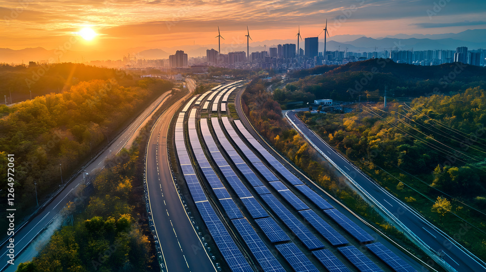 Fototapeta premium Solar Panels Power City Roads at Sunset