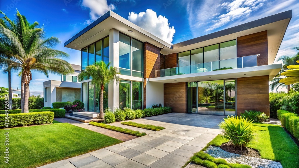 Luxury Modern House Entrance with Garden and Glass Windows in Florida Sunlight Luxury Modern House Entrance with Garden and Glass Windows in Florida Sunlight