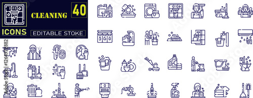 Set of outline icons related to cleaning . Gloves, Spray Bottle, Sponge, Mop icon. Design signs for web page, mobile app, packaging design. Vector illustration
