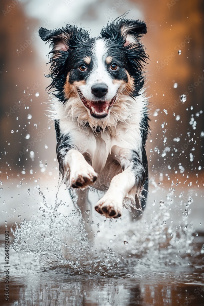 A wet and excited Border Collie joyfully leaps through a puddle, splashing water in all directions with a playful expression and high energy A wet and excited Border Collie joyfully leaps through a puddle, splashing water in all directions with a playful expression and high energy