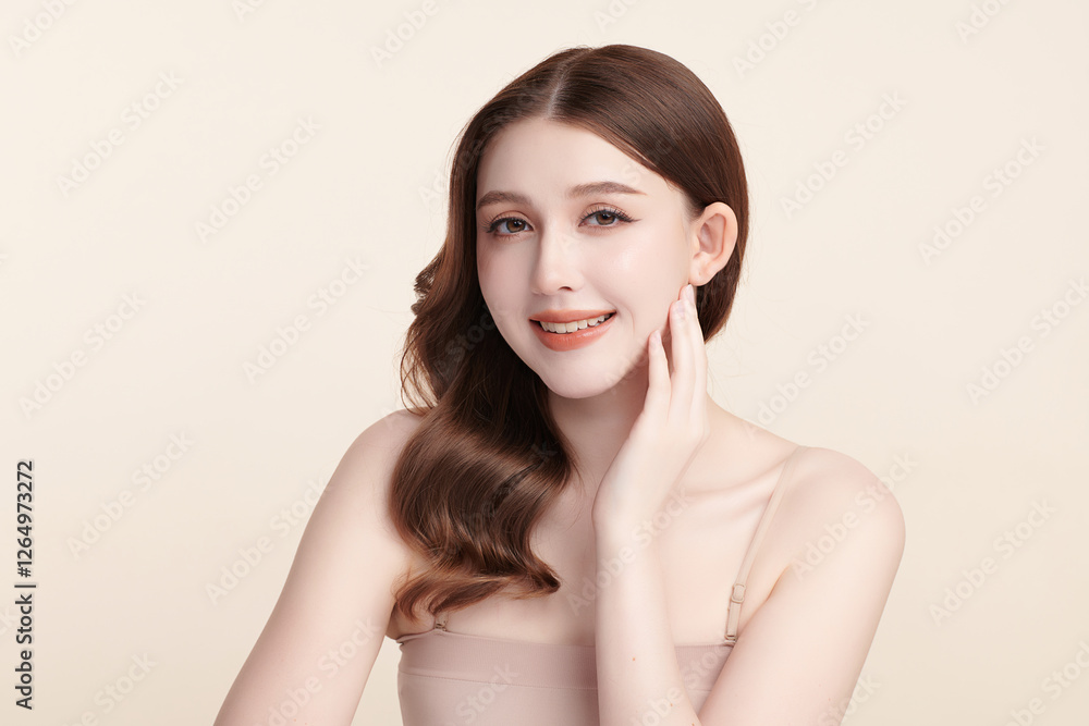 Beautiful young asian woman with clean fresh skin on beige background, Face care, Facial treatment, Cosmetology, beauty and spa, Asian women portrait. Beautiful young asian woman with clean fresh skin on beige background, Face care, Facial treatment, Cosmetology, beauty and spa, Asian women portrait.