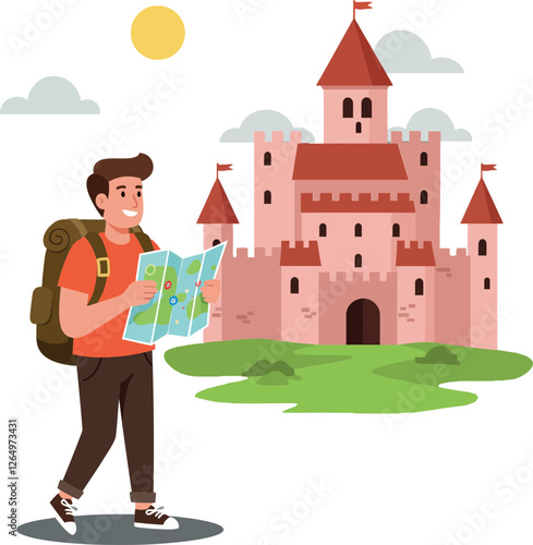 Adventurous traveler exploring a magical castle landscape in flat colorful vector art