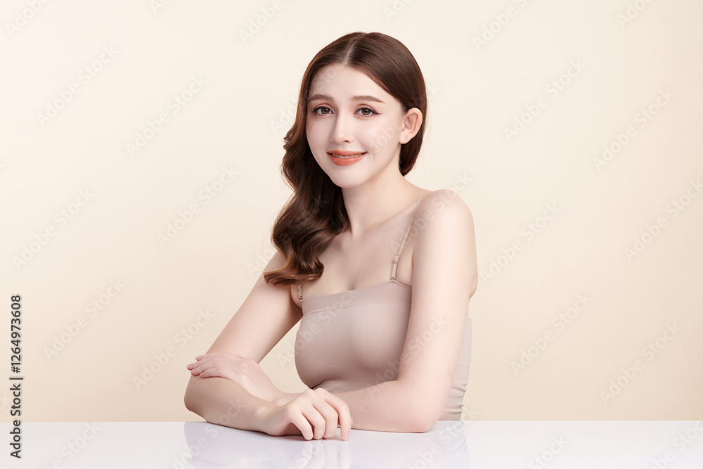 Beautiful young asian woman with clean fresh skin on beige background, Face care, Facial treatment, Cosmetology, beauty and spa, Asian women portrait. Beautiful young asian woman with clean fresh skin on beige background, Face care, Facial treatment, Cosmetology, beauty and spa, Asian women portrait.