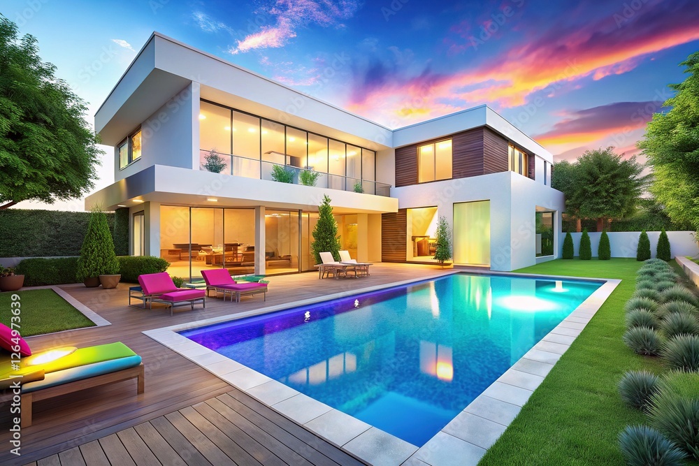 Fototapeta premium Modern White House Backyard Oasis with Pool