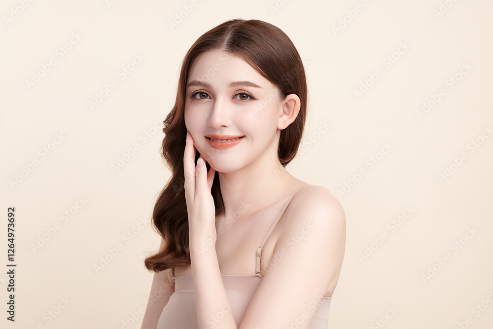 Beautiful young asian woman with clean fresh skin on beige background, Face care, Facial treatment, Cosmetology, beauty and spa, Asian women portrait. Beautiful young asian woman with clean fresh skin on beige background, Face care, Facial treatment, Cosmetology, beauty and spa, Asian women portrait.