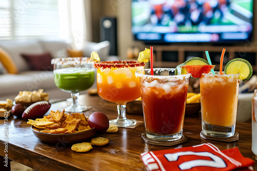 Delicious cocktails, snacks, and a sports game on TV create the perfect game day atmosphere.  Enjoy the vibrant colors and festive vibe!