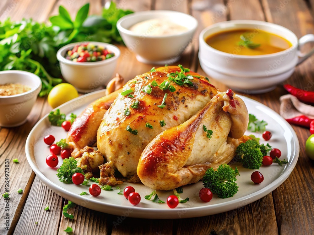 Multi-Flavored White-Cut Castrated Chicken with Sauce and Herbs Multi-Flavored White-Cut Castrated Chicken with Sauce and Herbs