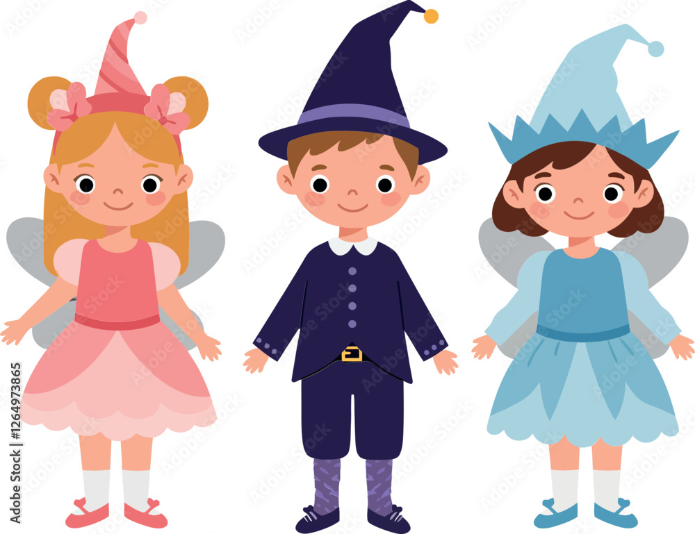 Three whimsical characters in colorful costumes featuring flat design style in cheerful vector art Three whimsical characters in colorful costumes featuring flat design style in cheerful vector art