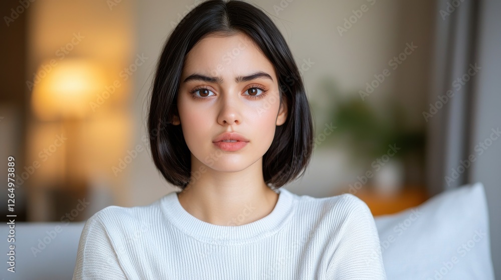 Portrait of a young elegant woman experiencing sharp abdominal pain or discomfort sitting in a modern indoor setting with a neutral background The image conveys a sense of health wellness Portrait of a young elegant woman experiencing sharp abdominal pain or discomfort sitting in a modern indoor setting with a neutral background The image conveys a sense of health wellness