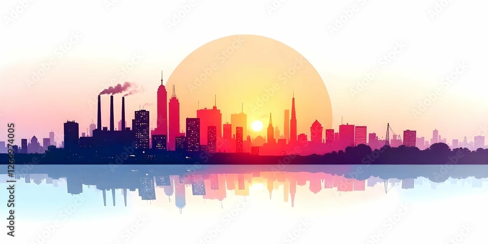 Fototapeta premium Abstract city featuring a factory and skyline with tall buildings, factory Cityscape in High Contrast 3D Style. winter evening, sunset, snow gently falling, rainy morning text space background .
