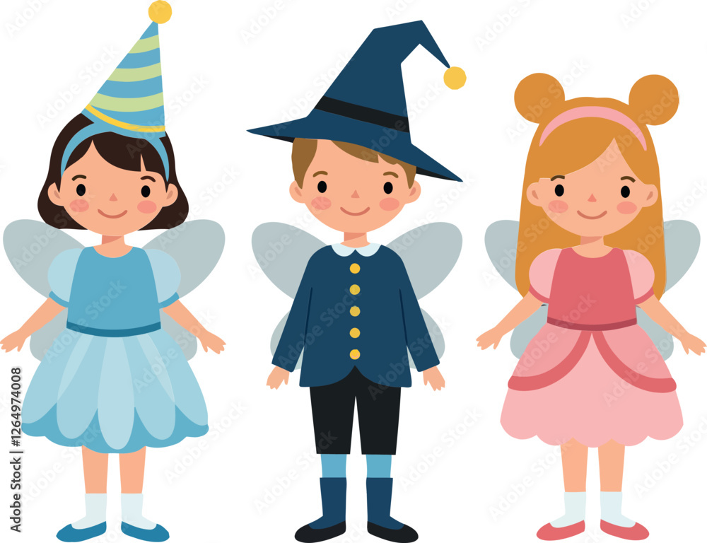 Three whimsical children in colorful costumes with wings and hats in flat vector art Three whimsical children in colorful costumes with wings and hats in flat vector art
