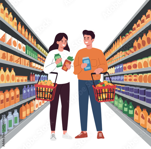 Two shoppers with baskets in a grocery store aisle, flat style vector illustration