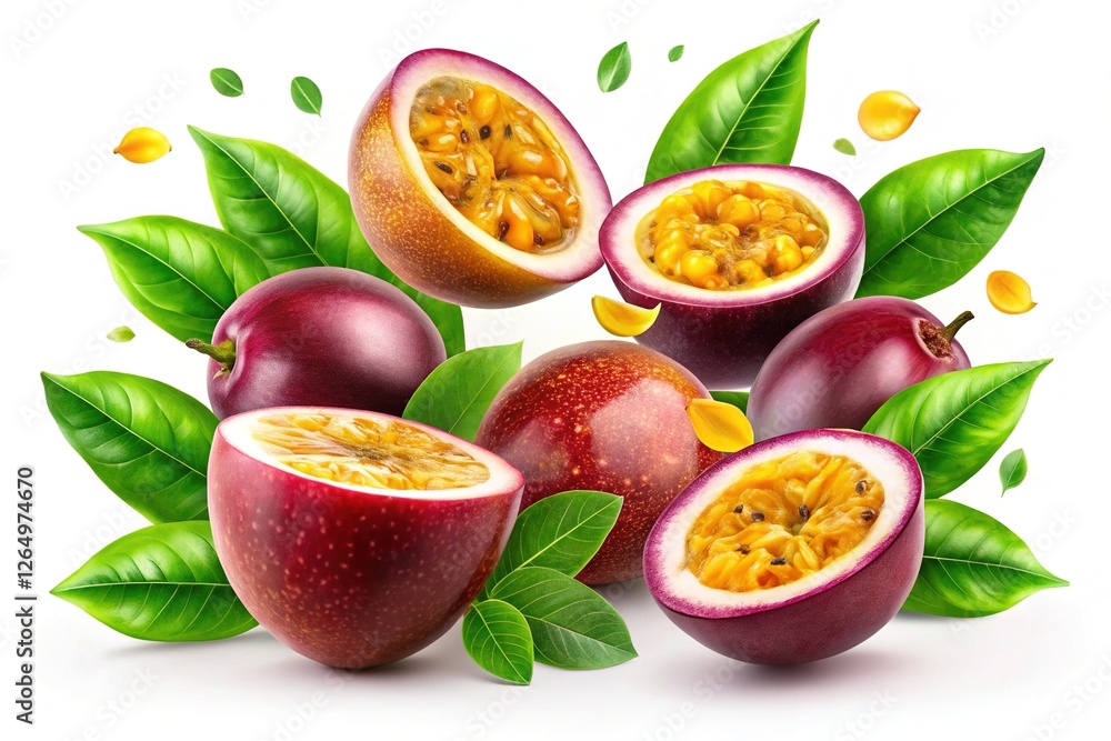 Passion Fruit with Slices Falling and Green Leaves Isolated on Background Passion Fruit with Slices Falling and Green Leaves Isolated on Background