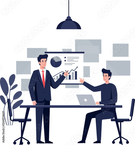 Two business professionals discussing financial growth in a minimal and detailed vector illustration