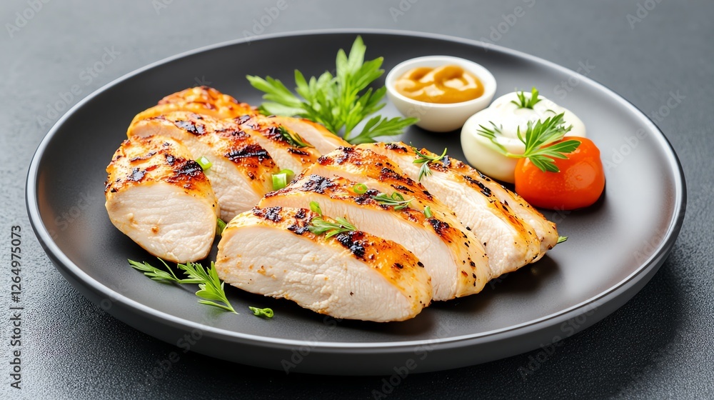 Grilled chicken breast garnished with herbs, served on a plate with vegetables and sauce, perfect for healthy dining. Grilled chicken breast garnished with herbs, served on a plate with vegetables and sauce, perfect for healthy dining.