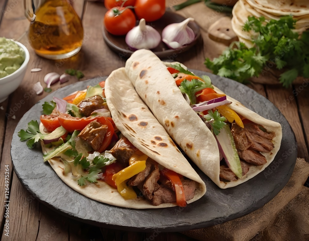 Gyros or Hot Spicy kebab with tortilla, roasted gyros soft meat and mixed vegetables with garlic and yogurt sauce closeup shot food photography Gyros or Hot Spicy kebab with tortilla, roasted gyros soft meat and mixed vegetables with garlic and yogurt sauce closeup shot food photography