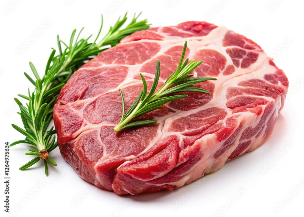 Obraz premium Raw Pork Neck Meat with Rosemary Close-Up Isolated on White Background