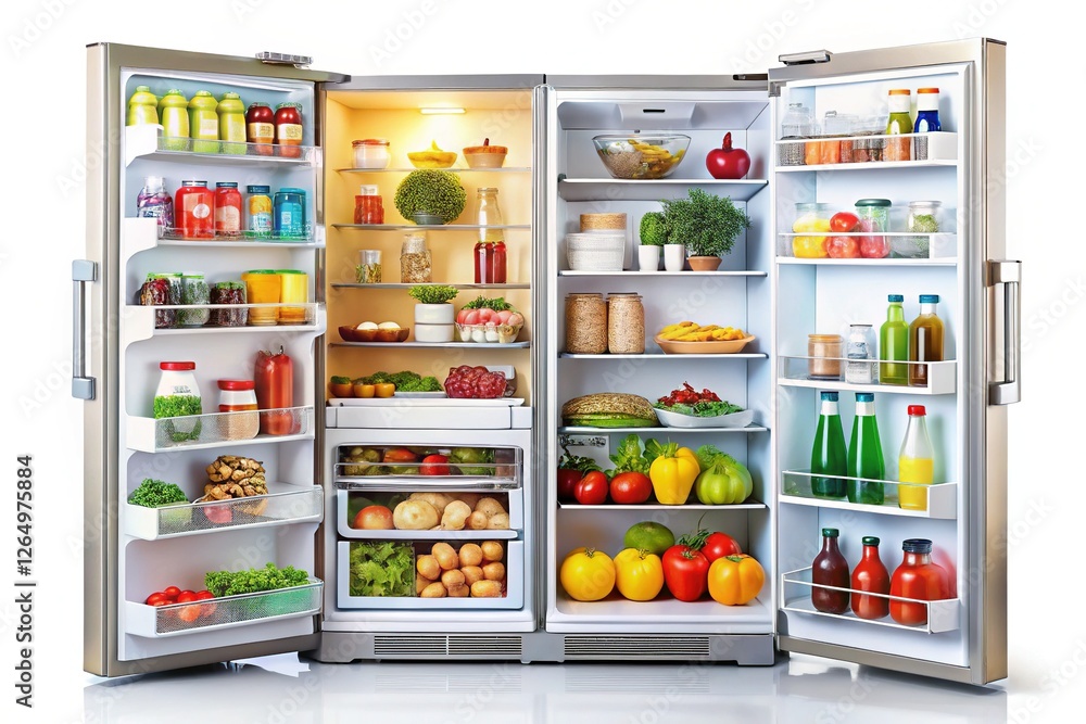 Refrigerator with Doors Open Displaying Abundant Food Refrigerator with Doors Open Displaying Abundant Food