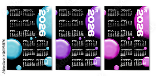 Abstract sphere calendar 2026. Minimalist colorful design with futuristic glossy bubbles. Vector set