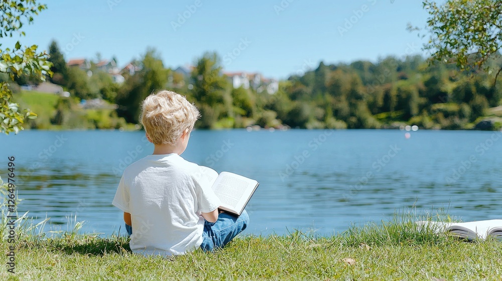 Child reading book by lake, serene nature background, relaxing outdoor activity, potential stock photo use Child reading book by lake, serene nature background, relaxing outdoor activity, potential stock photo use