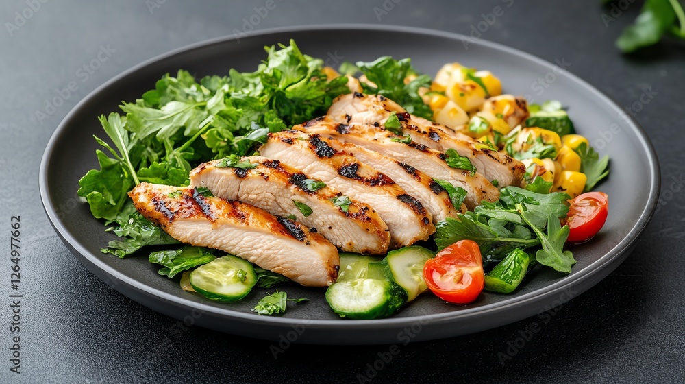 Grilled chicken salad with fresh greens, cherry tomatoes, cucumber, and corn on a dark plate. Grilled chicken salad with fresh greens, cherry tomatoes, cucumber, and corn on a dark plate.