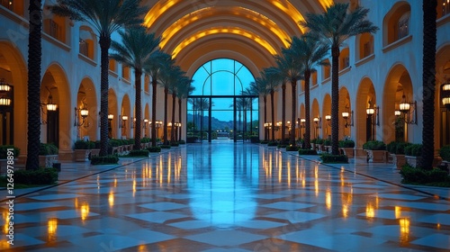 Luxurious hotel lobby, evening, palm trees, reflection, resort